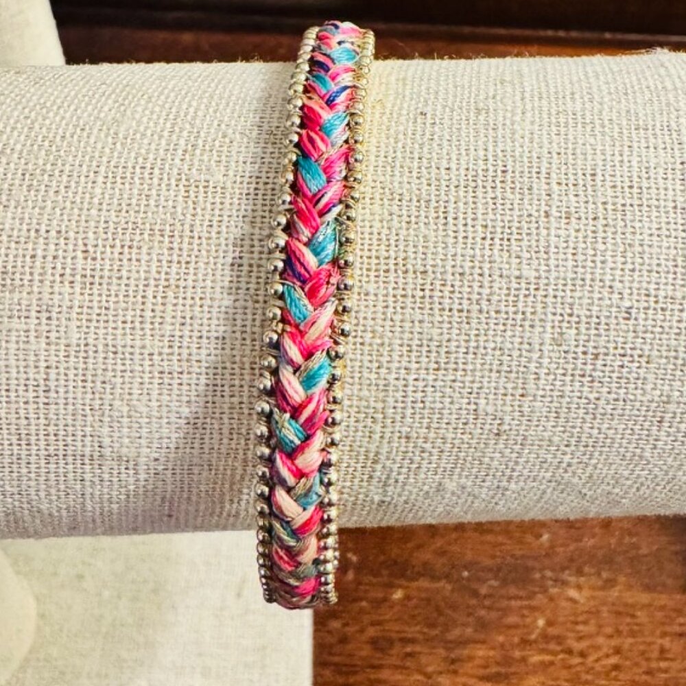 Stella & Dot pink multi-color gold braided fringe tassel cuff bracelet Jewelry